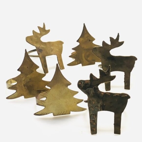 Vintage Napkin Ring Holders Brass Gold Tone Metal Rustic Tree Moose Set Of 6 - Picture 2 of 12